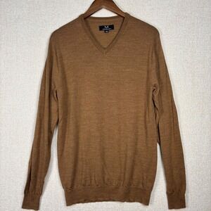 Magaschoni Mens V-Neck Sweater 100% Wool Camel Brown Size Medium Tall MT